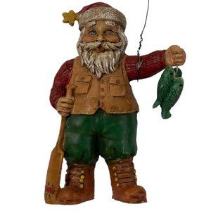 Vintage Christmas Outdoors Fishing Santa Rustic Cabin Holiday Ornament